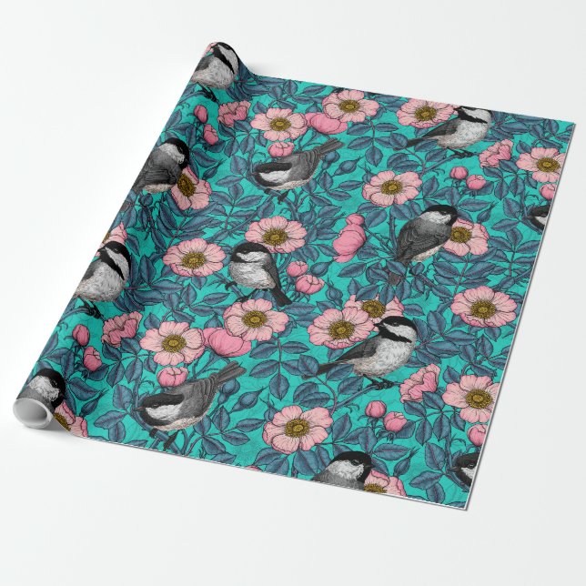 Papier Cadeau Les poulets dans la nature rose, rose et bleu (Déroulé)