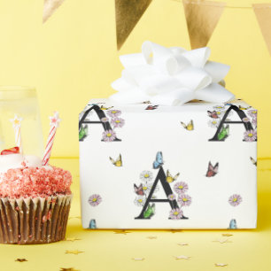 Papier Cadeau Lettre A Papillon Monogramme Aquarelle Florale    
