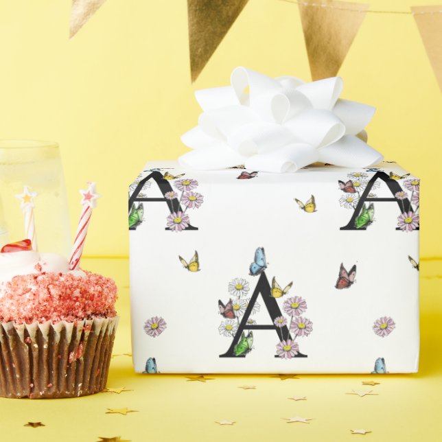 Papier Cadeau Lettre A Papillon Monogramme Aquarelle Florale     (Fête d'anniversaire)