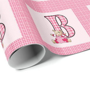 Papier Cadeau LETTRE FILLE 'B' AVEC Ours Teddy et En vichy rose