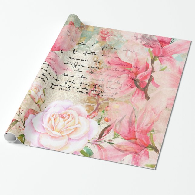 Papier Cadeau Lettres d'amour romantique et papier peint de fleu (Déroulé)