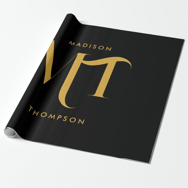 Papier Cadeau Lettres d'initiales de monogramme noir et or éléga (Déroulé)