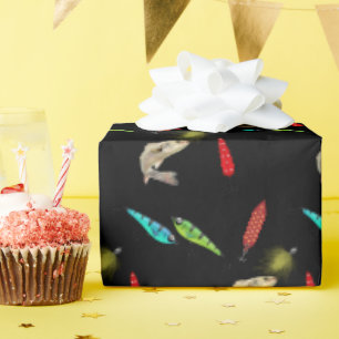 Papier Cadeau Leurres de pêche avec poissons sur fond noir