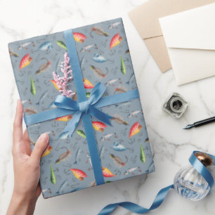 Papier Cadeau leurres de pêche sur gris-bleu