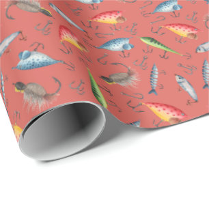 Papier Cadeau leurres de pêche sur le corail foncé rose