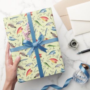 Papier Cadeau leurres de pêche sur le jaune clair