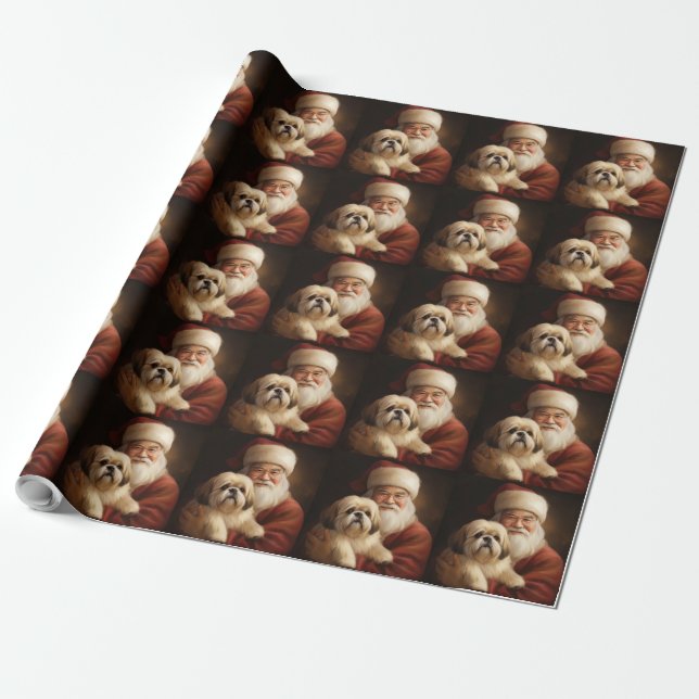 Papier Cadeau Lhasa Apso Avec Noël Festif Du Père Noël (Déroulé)