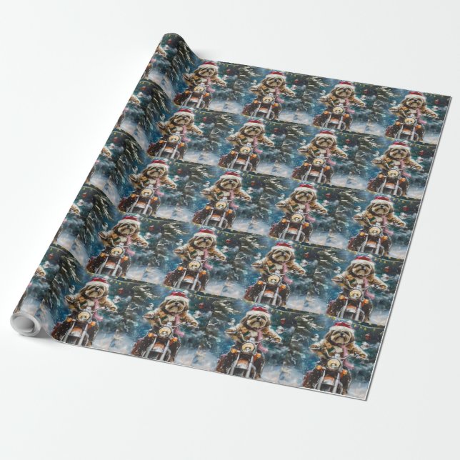 Papier Cadeau Lhasa Apso Chien à cheval Moto Noël (Déroulé)