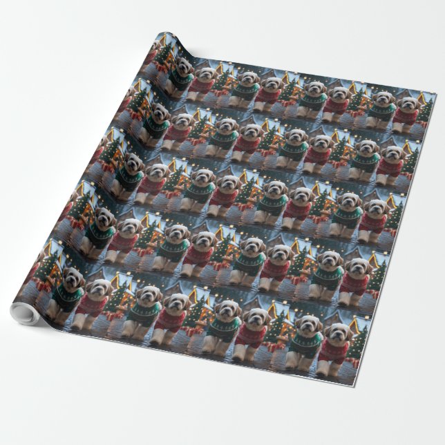 Papier Cadeau Lhasa Apso Dogs Christmas Snow Holiday (Déroulé)