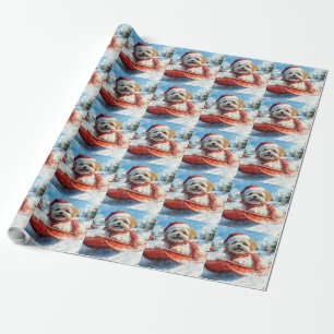 Papier Cadeau Lhassa Apso Dog in Sledge Let it Neige Noël