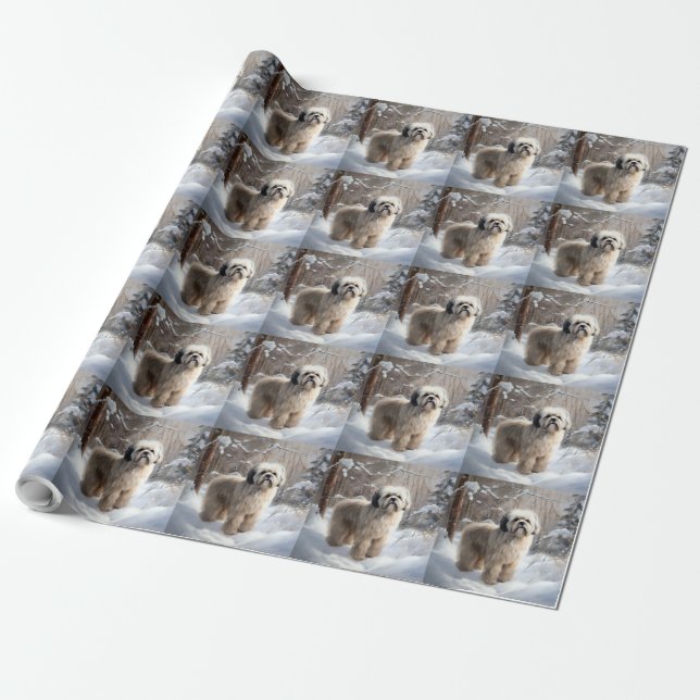 Papier Cadeau Lhassa Apso Laisse Neige Noël (Déroulé)