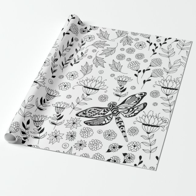 Papier Cadeau libellule et fleurs (Déroulé)