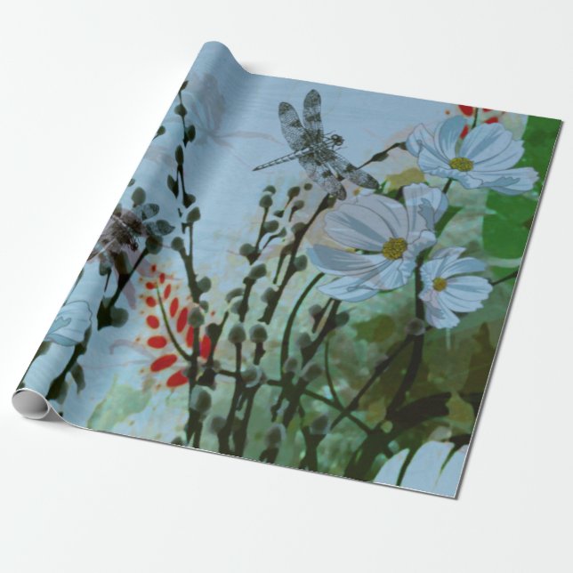 Papier Cadeau Libellules d'Argent-aile/floral contemporains (Déroulé)