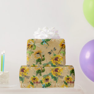 Papier Cadeau Libellules et Tournesols Jaune Vert Brun