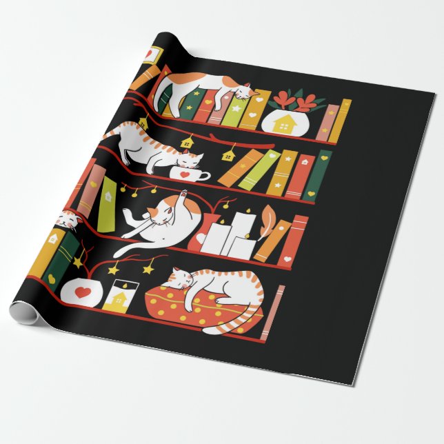 Papier Cadeau Library cats autumn colour version (Déroulé)