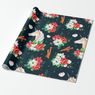 Papier Cadeau licorne de Noël et motif poinsettia