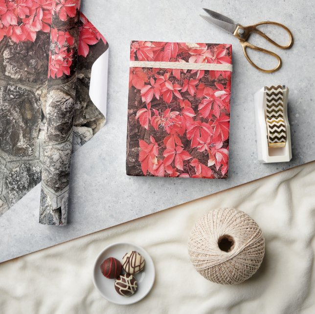 Papier Cadeau lierre rouge rose feuille mur de pierre d'automne (Artisanat)