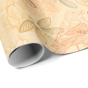 Papier Cadeau Ligne art libellules oiseaux fleurs pêche motif