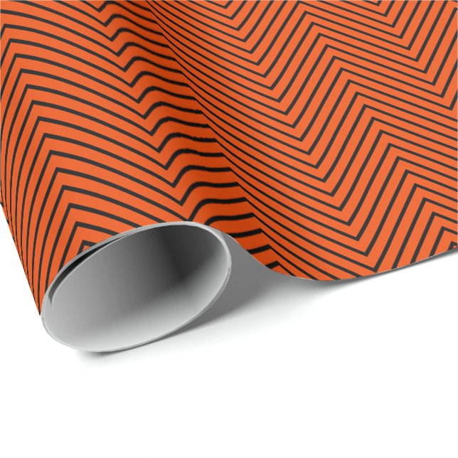 Papier Cadeau Ligne Chevron Noir sur Orange Lumineux (Coin rond)