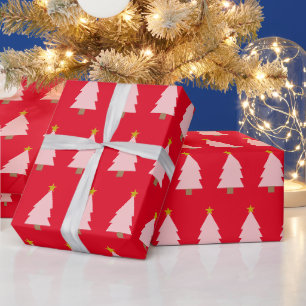 Papier Cadeau Ligne d'arbre de Noël rose et étoile d'or sur roug