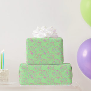 Papier Cadeau Ligne rose Motif Fleur dessiné sur vert