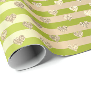 Papier Cadeau Lignes de bandes Coeurs Champaigne Gold Lime Green