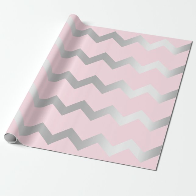 Papier Cadeau Lignes de rayures Chevron gris rose gris argent (Déroulé)