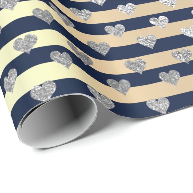 Papier Cadeau Lignes de rayures Minimal Coeur d'argent Gold Blue (Coin rond)