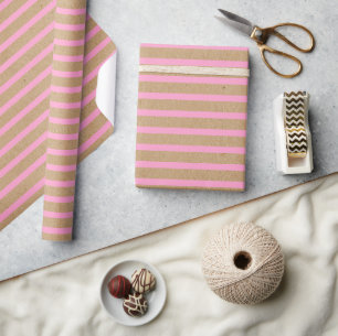 Papier Cadeau Lignes roses estivales légères sur kraft brun rust