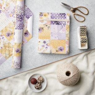 Papier Cadeau Lilas Jaune Courtepoint Gingham Cottagecore Floral