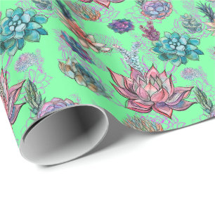 Papier Cadeau *~ Lime Vert Joli Bleu Vert Motif Succulent