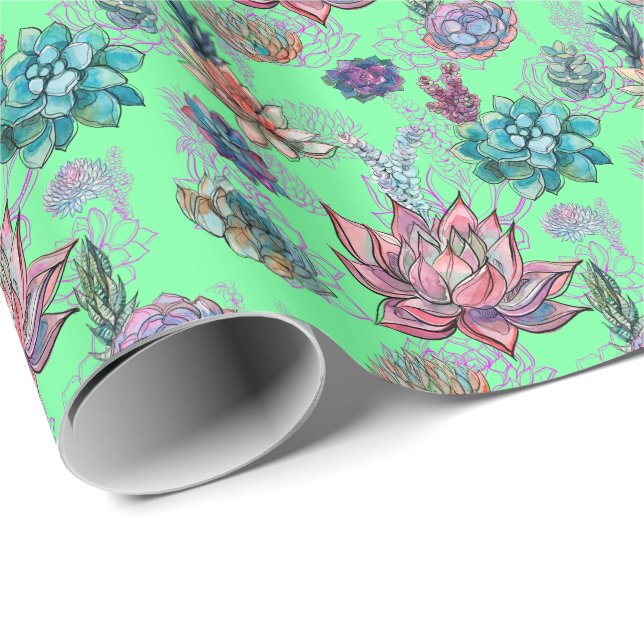 Papier Cadeau *~ Lime Vert Joli Bleu Vert Motif Succulent (Coin rond)