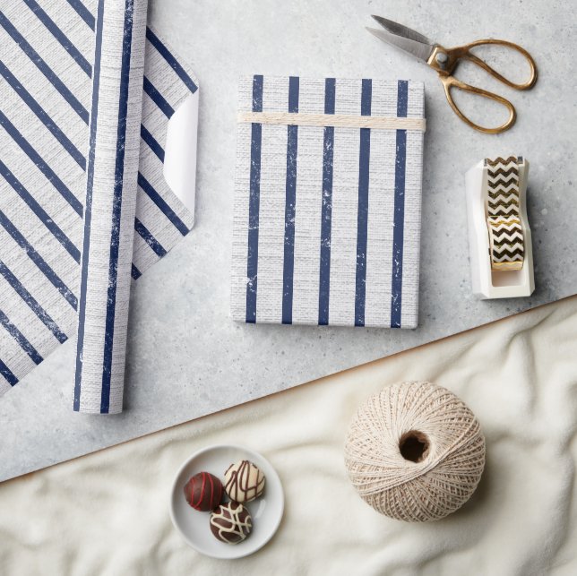 Papier Cadeau Lin gris rustique et Motif bleu marine (Artisanat)