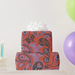 Papier Cadeau Linocut Traditionnel Paisley Vivid Orange Violet