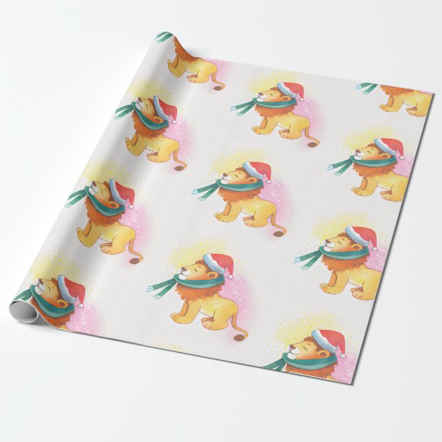 Papier Cadeau Lion animal Safari de Noël avec Casquette Père Noë (Déroulé)