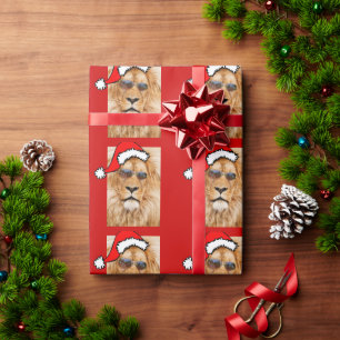 Papier Cadeau Lion Avec Le Chapeau Du Père Noël