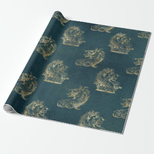 Papier Cadeau Lion héraldique sarcelle et or