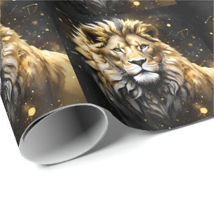 Papier Cadeau Lion Mâle Majestic D'Or Et De Gris,