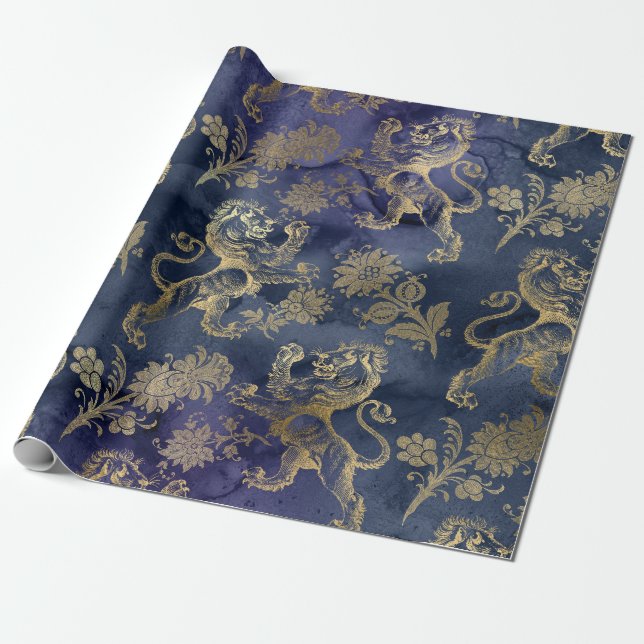 Papier Cadeau Lions d'or et fleurs en violet (Déroulé)