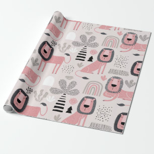 Papier Cadeau Lions noirs roses Boho Moderne bébé Enfants