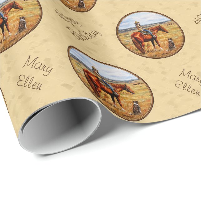 Papier Cadeau Little Cowgirl on Cattle Horse Yellow (Coin rond)