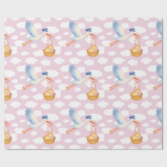 Papier Cadeau Livraison de la cigogne Bébé Fille Enveloppement P (Plat)