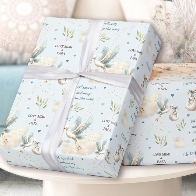Papier Cadeau Livraison spéciale Boule bleue Nouveau Nom du bébé (Special Delivery Blue Stork New Baby Name Text Wrapping Paper)