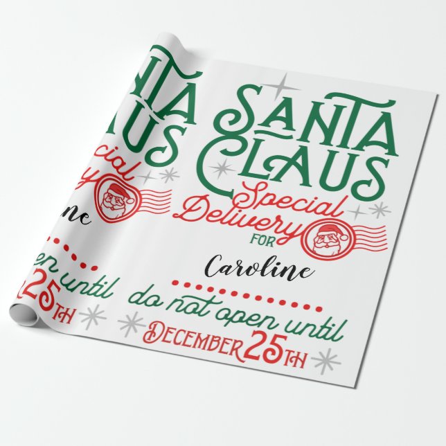Papier Cadeau Livraison spéciale de Santa Claus Red & Green (Déroulé)