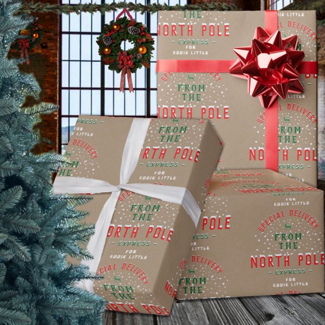 Papier Cadeau Livraison Spéciale Du Pôle Nord Ajouter Le Nom Kra (Special Delivery From North Pole Add Name Kraft Christmas Holiday Gift Wrapping Paper Rolls)