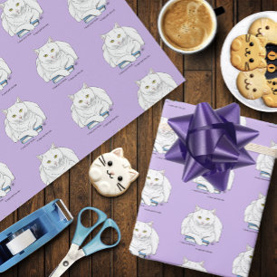 Papier Cadeau Livre de chat blanc drôle lisant humour violet