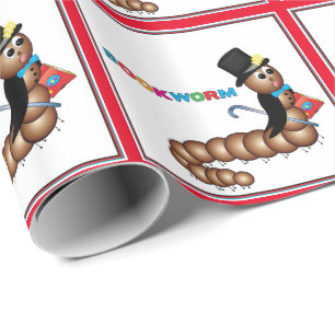Papier Cadeau Livre Worm en chapeau, canne et livre