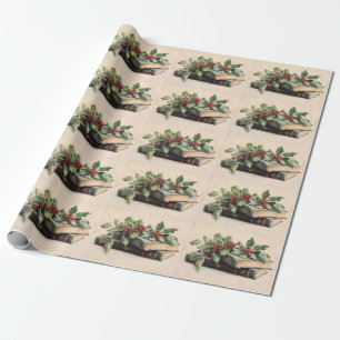 Papier Cadeau LIVRES ANCIENS ET BAIES DE HOUX Motif de Noël