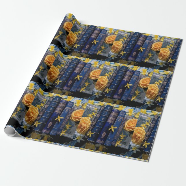 Papier Cadeau Livres Bleus Anciens & Fleurs Jaunes (Déroulé)