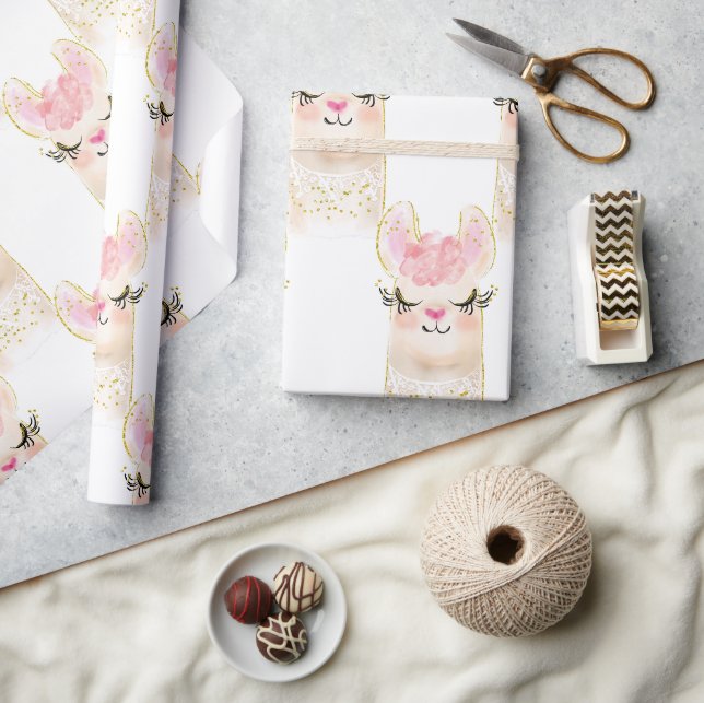 Papier Cadeau Llama Aquarelle rose or rose papier d'enveloppemen (Artisanat)